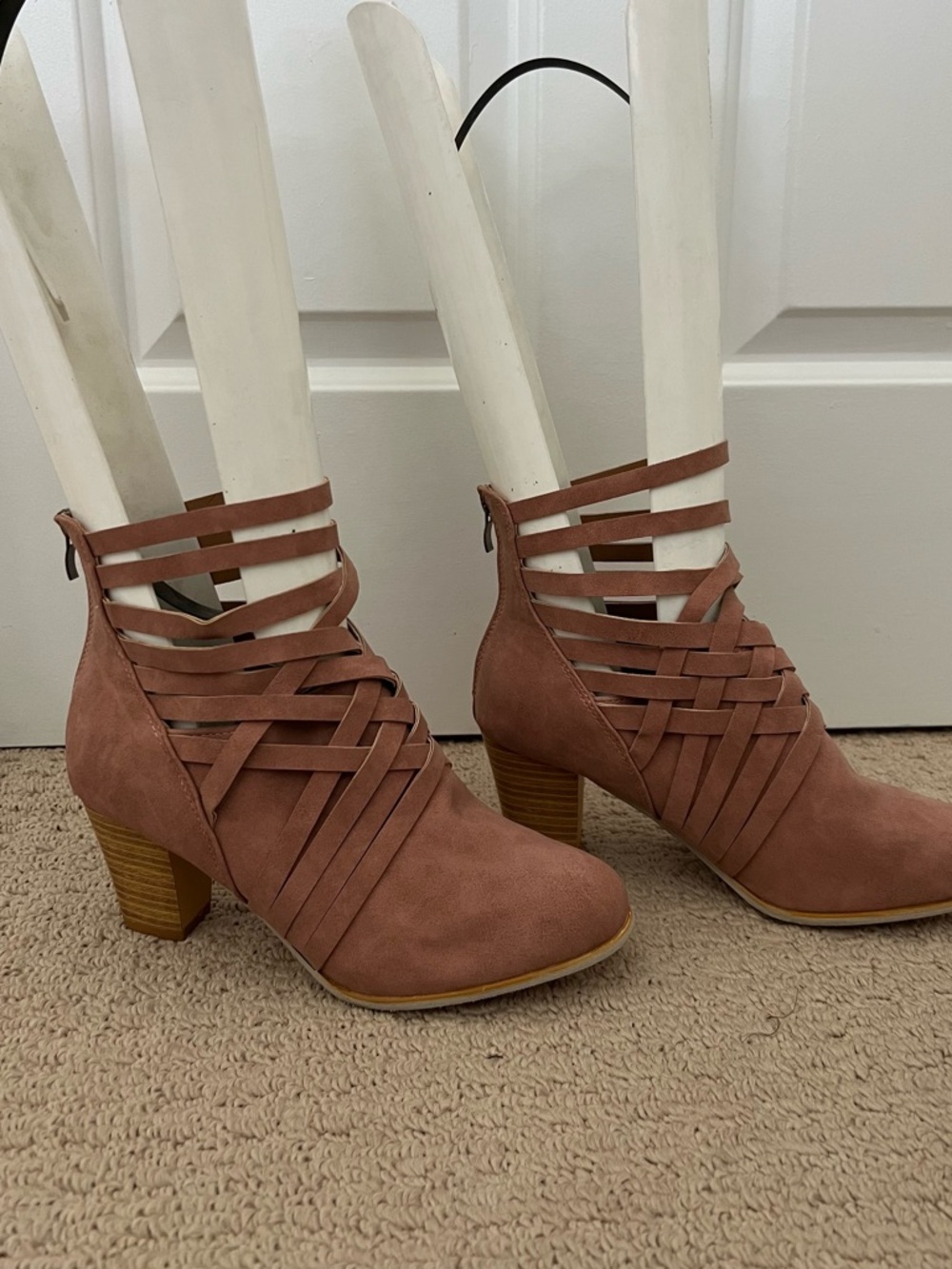 Spool 72 Mauve Strappy Suede Block Heel Ankle Boots